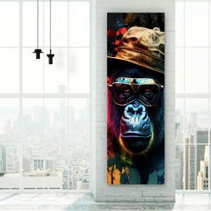 Aluminiumbild gebürstet Gorilla mit Brille und Hut Cool Pop Art Panorama Hoch