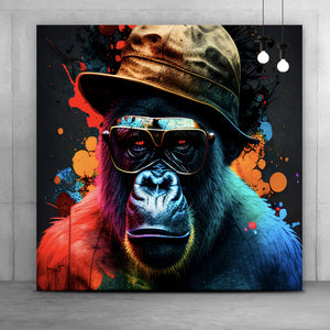 Acrylglasbild Gorilla mit Brille und Hut Cool Pop Art Quadrat