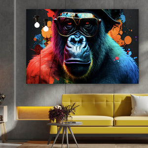 Spannrahmenbild Gorilla mit Brille und Hut Cool Pop Art Querformat