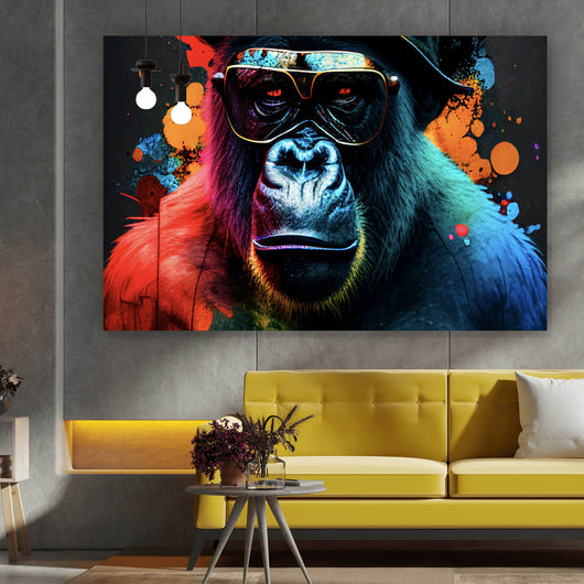 Aluminiumbild gebürstet Gorilla mit Brille und Hut Cool Pop Art Querformat