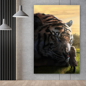 Aluminiumbild Großer Tiger mit Frau Hochformat