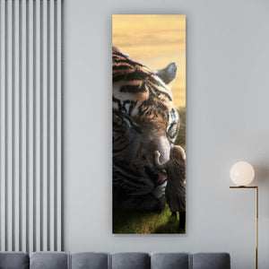 Aluminiumbild Großer Tiger mit Frau Panorama Hoch