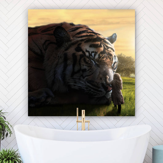 Spannrahmenbild Großer Tiger mit Frau Quadrat