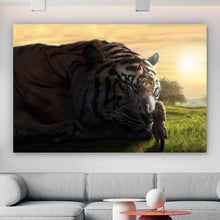 Lade das Bild in den Galerie-Viewer, Aluminiumbild gebürstet Großer Tiger mit Frau Querformat
