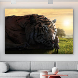 Aluminiumbild gebürstet Großer Tiger mit Frau Querformat