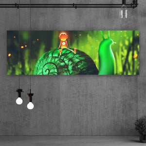 Spannrahmenbild Grüne Schnecke mit Roboter Panorama