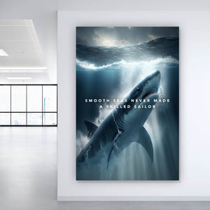 Aluminiumbild Haifisch mit Spruch Hochformat
