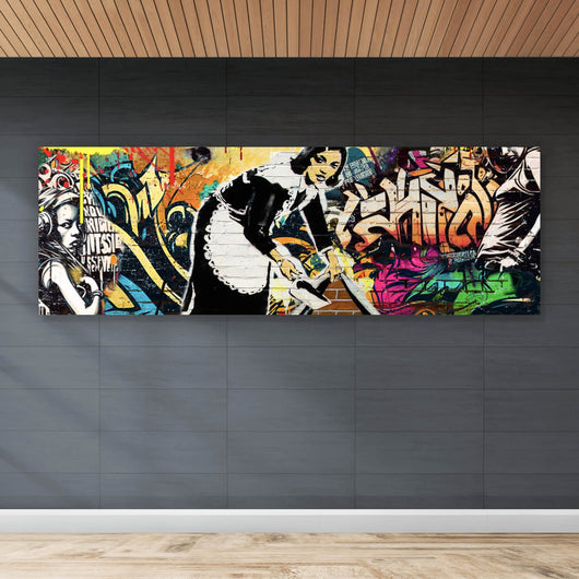 Acrylglasbild Hausmädchen Graffiti Banksy Panorama