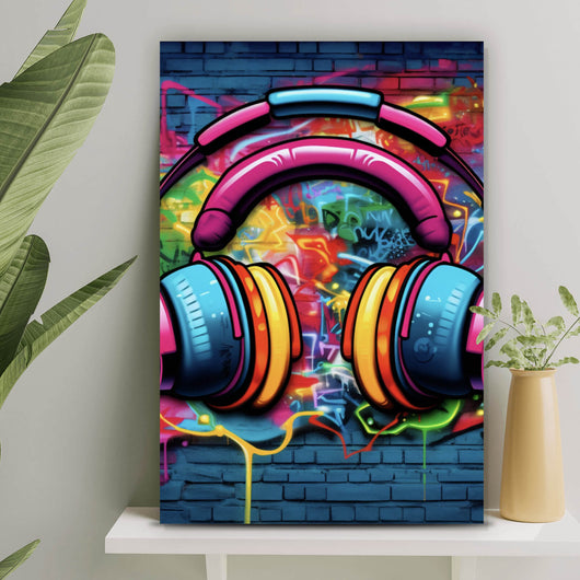 Acrylglasbild Headphones Street Art Hochformat