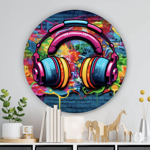 Aluminiumbild gebürstet Headphones Street Art Kreis
