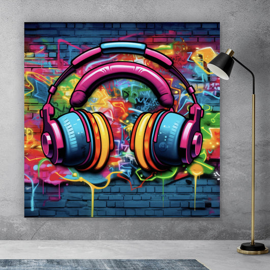 Leinwandbild Headphones Street Art Quadrat
