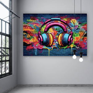 Leinwandbild Headphones Street Art Querformat