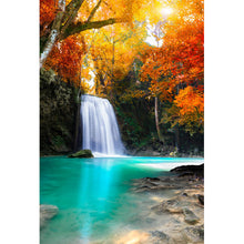 Lade das Bild in den Galerie-Viewer, Aluminiumbild gebürstet Herbstwald mit Wasserfall Hochformat
