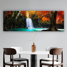 Lade das Bild in den Galerie-Viewer, Aluminiumbild gebürstet Herbstwald mit Wasserfall Panorama
