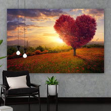 Lade das Bild in den Galerie-Viewer, Aluminiumbild Herz Baum bei Sonnenuntergang Querformat
