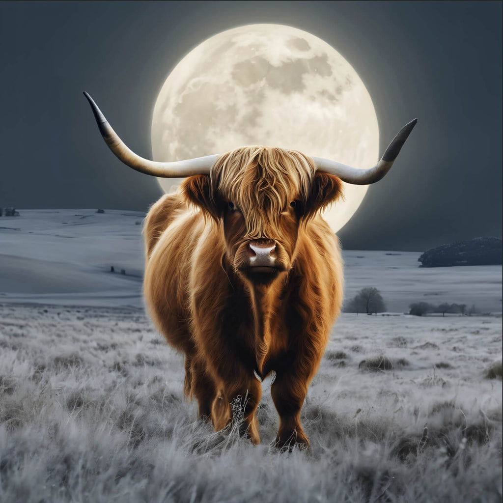 Qaim Rind Aluminiumbild Highland Rind im Mondschein im Quadrat, Aufhängefertig ...