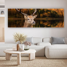 Lade das Bild in den Galerie-Viewer, Aluminiumbild gebürstet Hirsch am Waldsee Panorama
