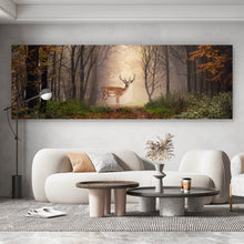 Lade das Bild in den Galerie-Viewer, Aluminiumbild gebürstet Hirsch in verträumten Nebelwald Panorama
