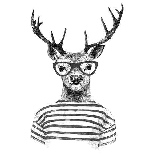 Spannrahmenbild Hirsch mit Brille Zeichenstil Hochformat