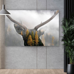 Spannrahmenbild Hirsch Silhouette mit Wald Querformat