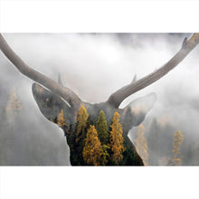Lade das Bild in den Galerie-Viewer, Leinwandbild Hirsch Silhouette mit Wald Querformat

