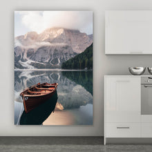 Lade das Bild in den Galerie-Viewer, Acrylglasbild Holzboot am Bergsee Hochformat
