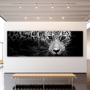 Aluminiumbild Leopard Schwarz Weiß Panorama