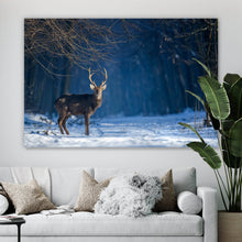 Lade das Bild in den Galerie-Viewer, Spannrahmenbild Junger Rothirsch im Winterwald Querformat
