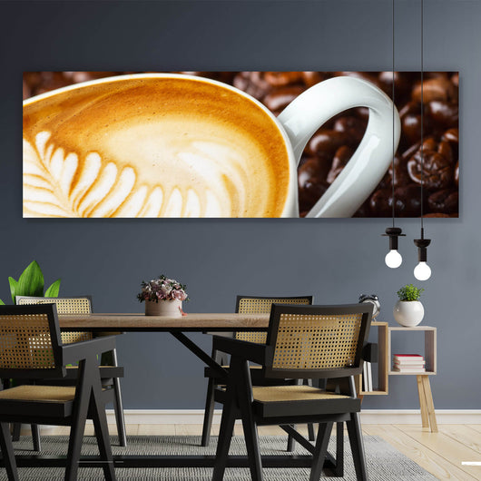 Leinwandbild Kaffeetasse mit Bohnen Panorama