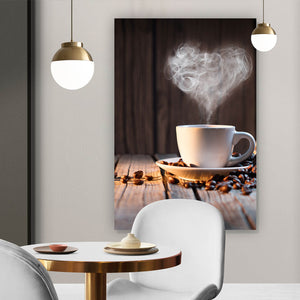 Leinwandbild Kaffeetasse mit herzförmigen Dampf Hochformat