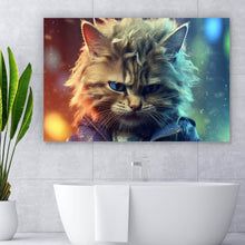 Lade das Bild in den Galerie-Viewer, Acrylglasbild Fantasie Katze als Rebell Digital Art Querformat
