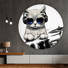 Lade das Bild in den Galerie-Viewer, Aluminiumbild gebürstet Katze am Schlagzeug Kreis
