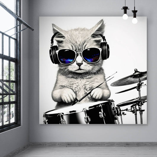 Spannrahmenbild Katze am Schlagzeug Quadrat