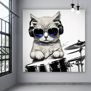 Aluminiumbild Katze am Schlagzeug Quadrat