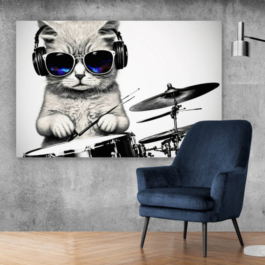 Aluminiumbild gebürstet Katze am Schlagzeug Querformat