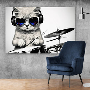 Spannrahmenbild Katze am Schlagzeug Querformat