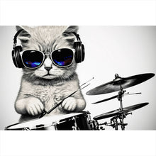 Lade das Bild in den Galerie-Viewer, Spannrahmenbild Katze am Schlagzeug Querformat
