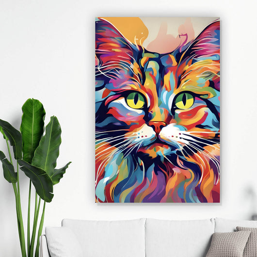 Aluminiumbild Katze in Regenbogenfarben Hochformat