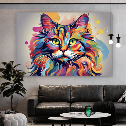 Aluminiumbild gebürstet Katze in Regenbogenfarben Querformat