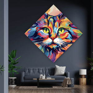 Aluminiumbild Katze in Regenbogenfarben Raute