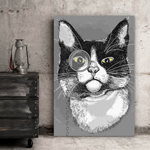 Lade das Bild in den Galerie-Viewer, Aluminiumbild gebürstet Katze mit Monokel Hochformat
