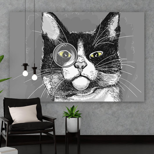Aluminiumbild gebürstet Katze mit Monokel Querformat