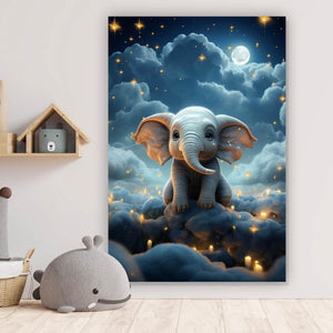 Leinwandbild Kleines Elefantenkind im Himmel Hochformat