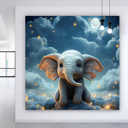 Poster Kleines Elefantenkind im Himmel Quadrat