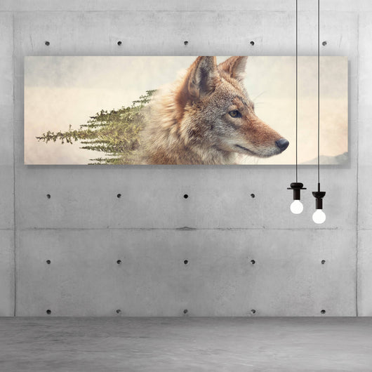Aluminiumbild gebürstet Kojote und Kiefernwald Panorama
