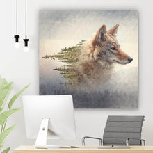 Lade das Bild in den Galerie-Viewer, Leinwandbild Kojote und Kiefernwald Quadrat
