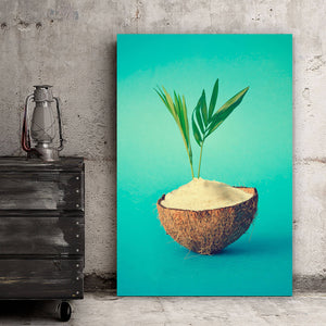 Acrylglasbild Kokosnuss mit Palmenblätter Hochformat