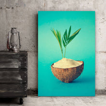 Lade das Bild in den Galerie-Viewer, Aluminiumbild gebürstet Kokosnuss mit Palmenblätter Hochformat
