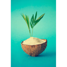 Lade das Bild in den Galerie-Viewer, Aluminiumbild Kokosnuss mit Palmenblätter Hochformat
