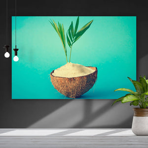 Leinwandbild Kokosnuss mit Palmenblätter Querformat